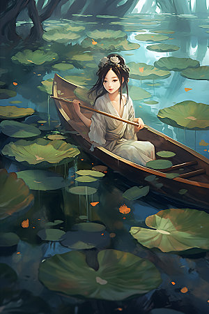 夏季赏荷中国风划船插画