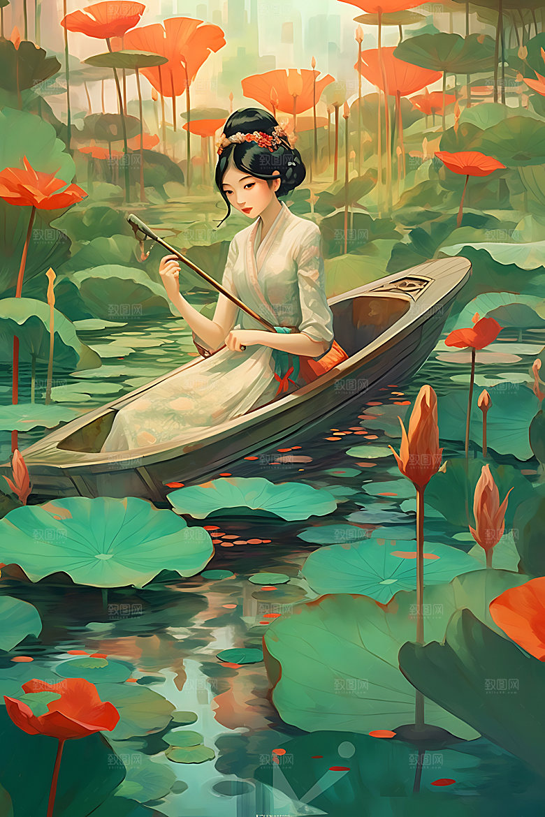 夏季赏荷手绘夏天插画