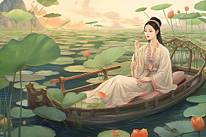 夏季赏荷中国风手绘插画
