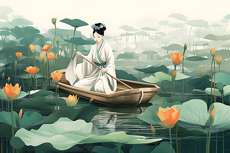 夏季赏荷唯美夏日插画
