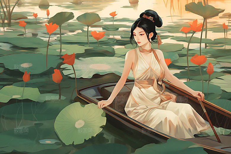 夏季赏荷水墨手绘插画
