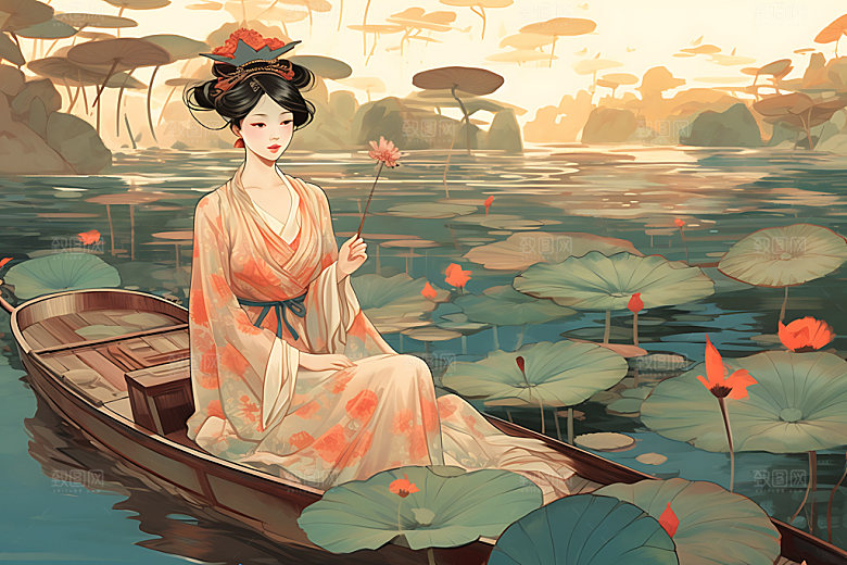 夏季赏荷唯美手绘插画
