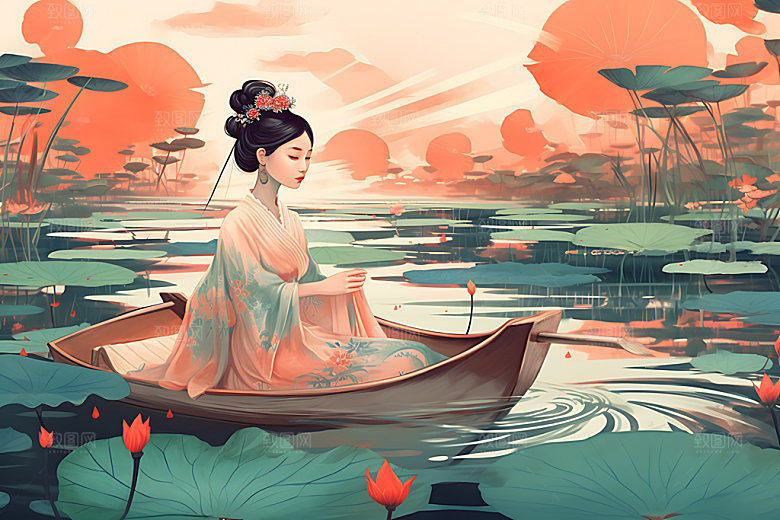 夏季赏荷中国风唯美插画