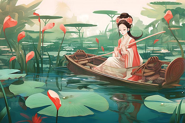 夏季赏荷夏日泛舟插画