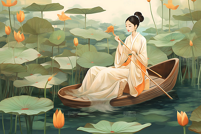 夏季赏荷划船夏日插画