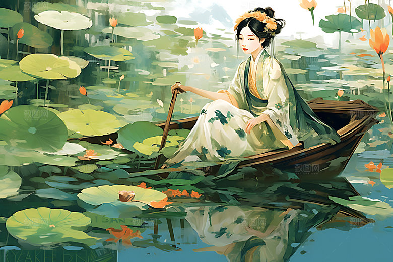 夏季赏荷水墨手绘插画