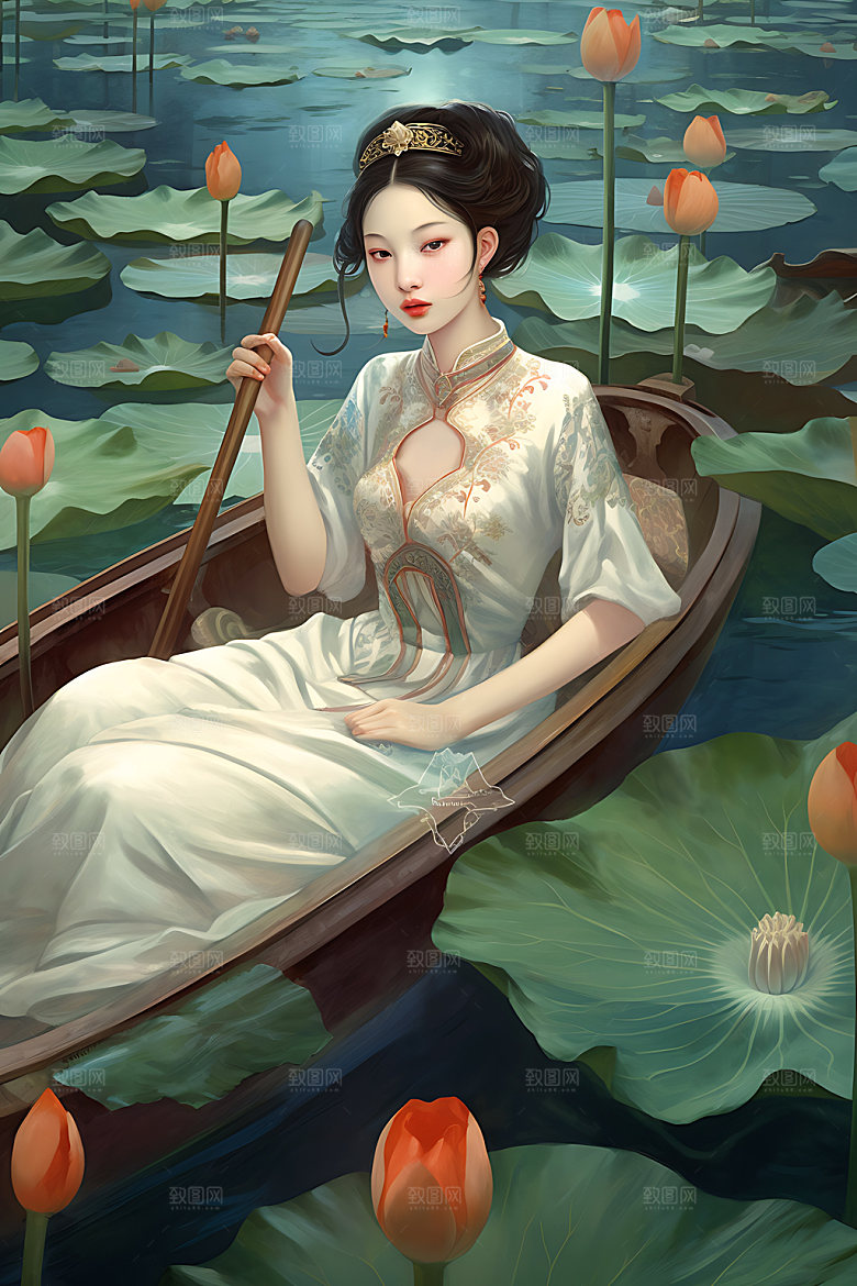 夏季赏荷水墨手绘插画
