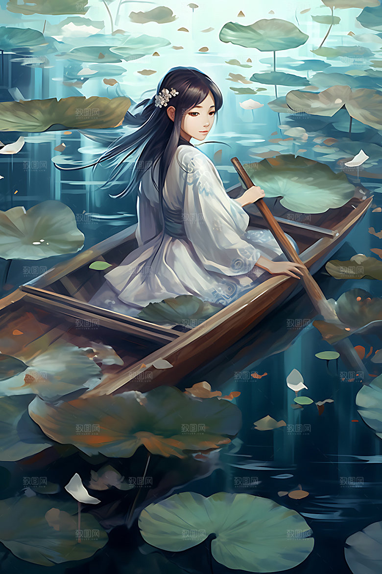 夏季赏荷唯美夏日插画