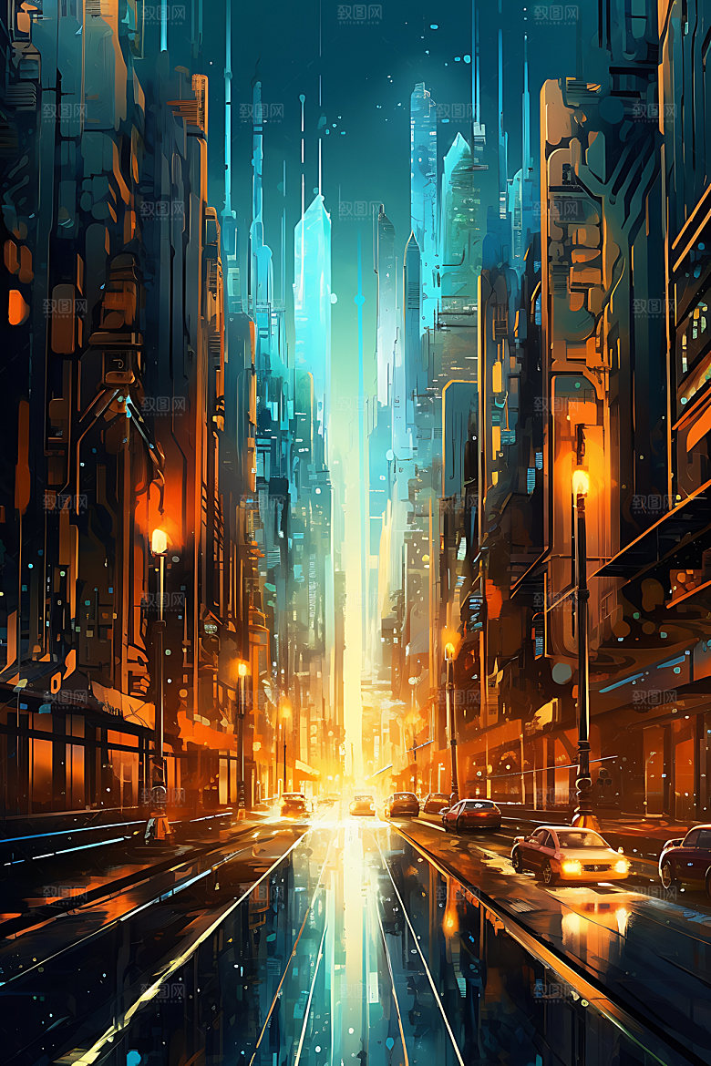 未来都市赛博朋克夜景原画