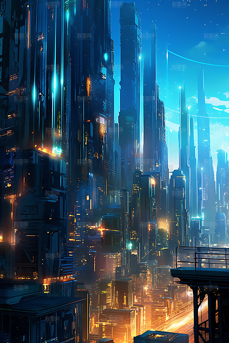 未来都市游戏夜景原画