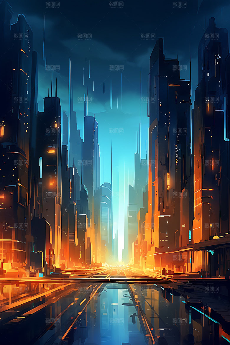 未来都市场景夜景原画