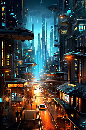 未来都市游戏夜景原画