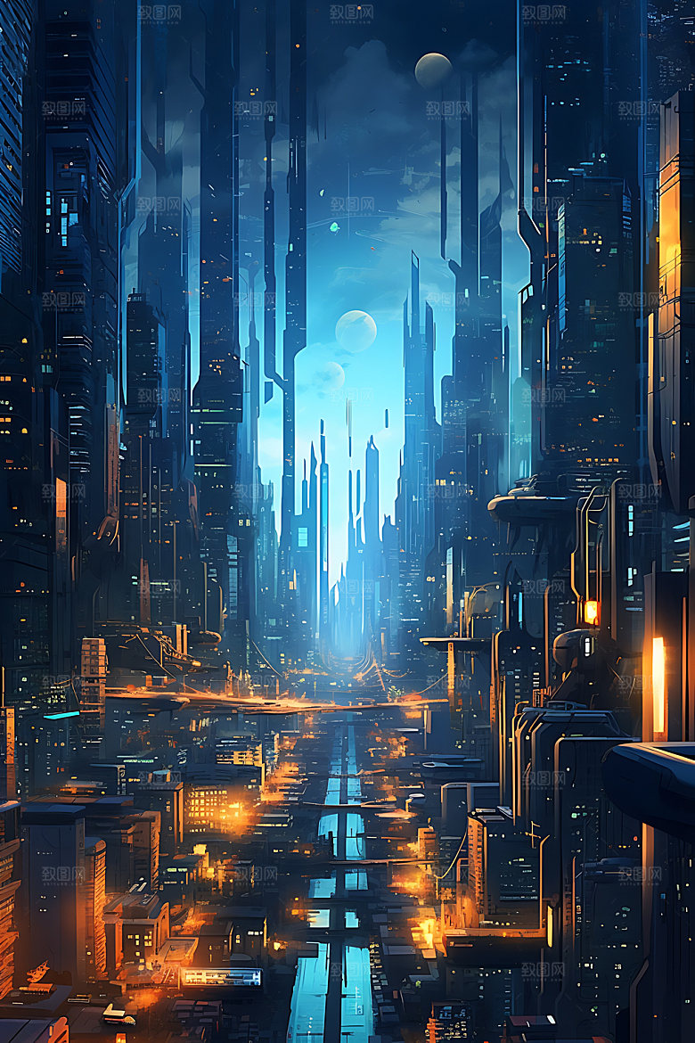 未来都市赛博朋克夜景原画