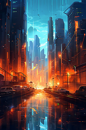 未来都市夜景场景原画