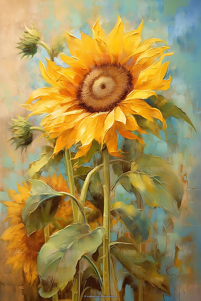 向日葵花田清新油画
