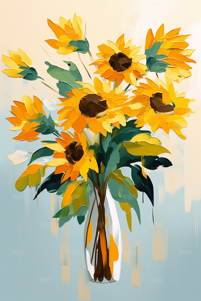 油画向日葵眼光花田插画