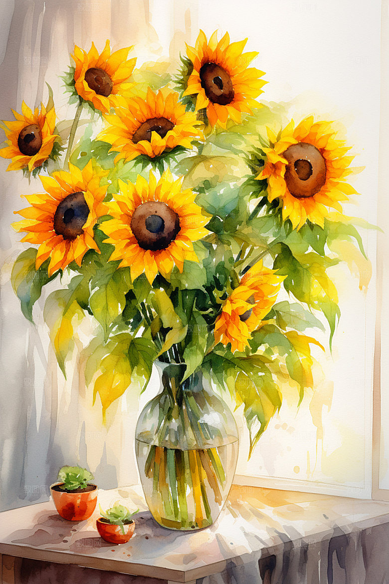 油画向日葵风光花田插画