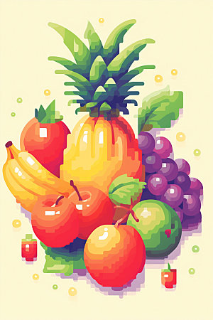 马赛克像素风卡通多种水果矢量元素
