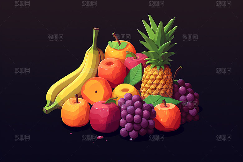 马赛克像素风新鲜水果组合可爱矢量元素