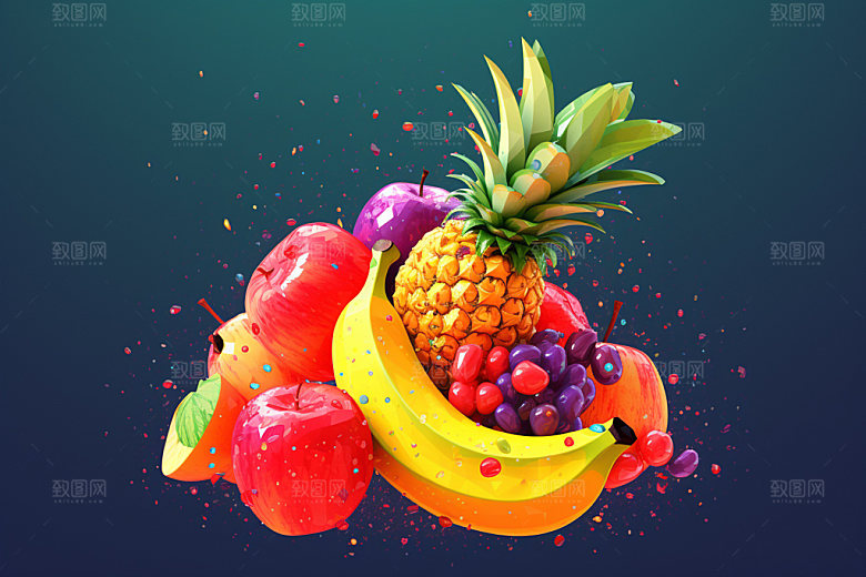 马赛克像素风多种水果新鲜水果组合矢量元素