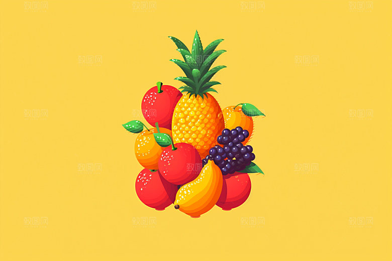 马赛克像素风新鲜水果组合卡通矢量元素