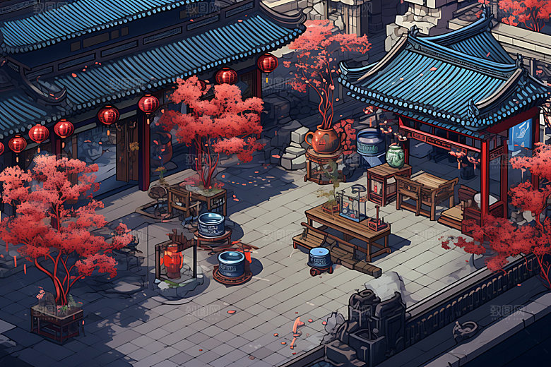 古代庭院古建筑中国风游戏场景