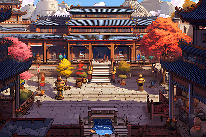 古代庭院四合院楼阁游戏场景
