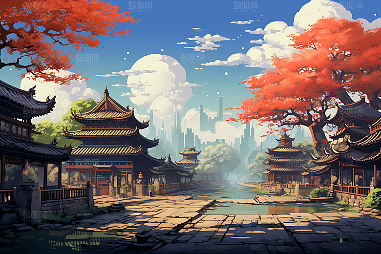古代庭院四合院楼阁游戏场景