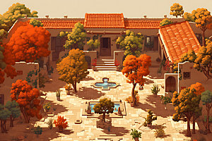 古代庭院像素风古建筑游戏场景