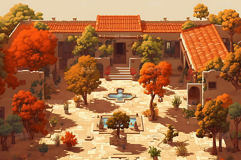 古代庭院像素风古建筑游戏场景