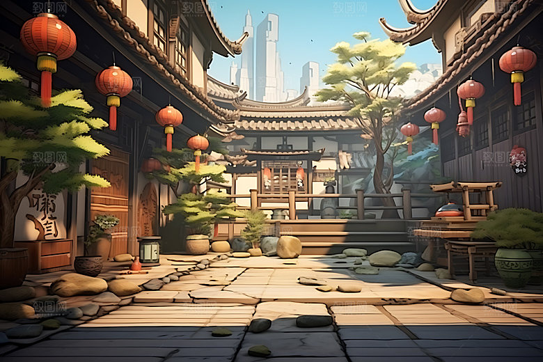 古代庭院楼阁四合院游戏场景