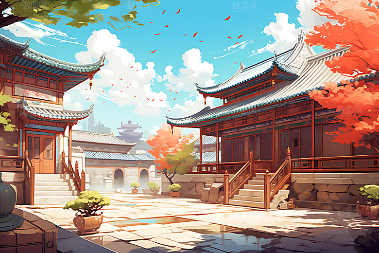 古代庭院中国风楼阁游戏场景