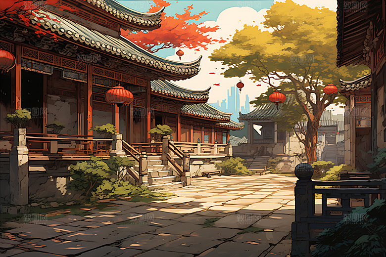 古代庭院楼阁古风游戏场景