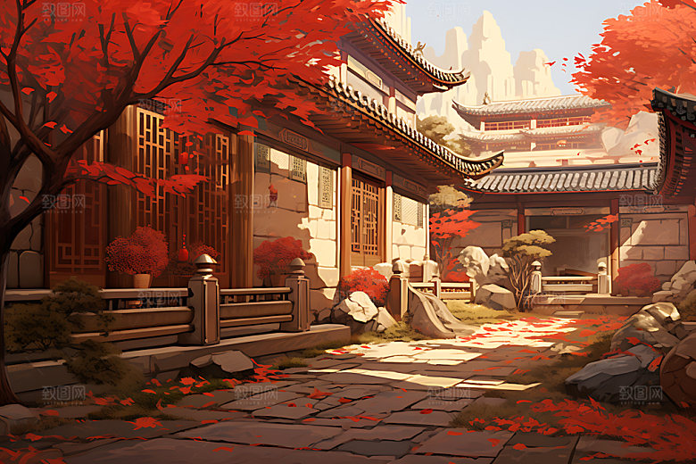 古代庭院古建筑像素风游戏场景