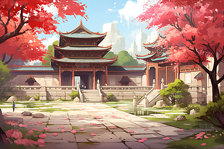 古代庭院古建筑像素风游戏场景