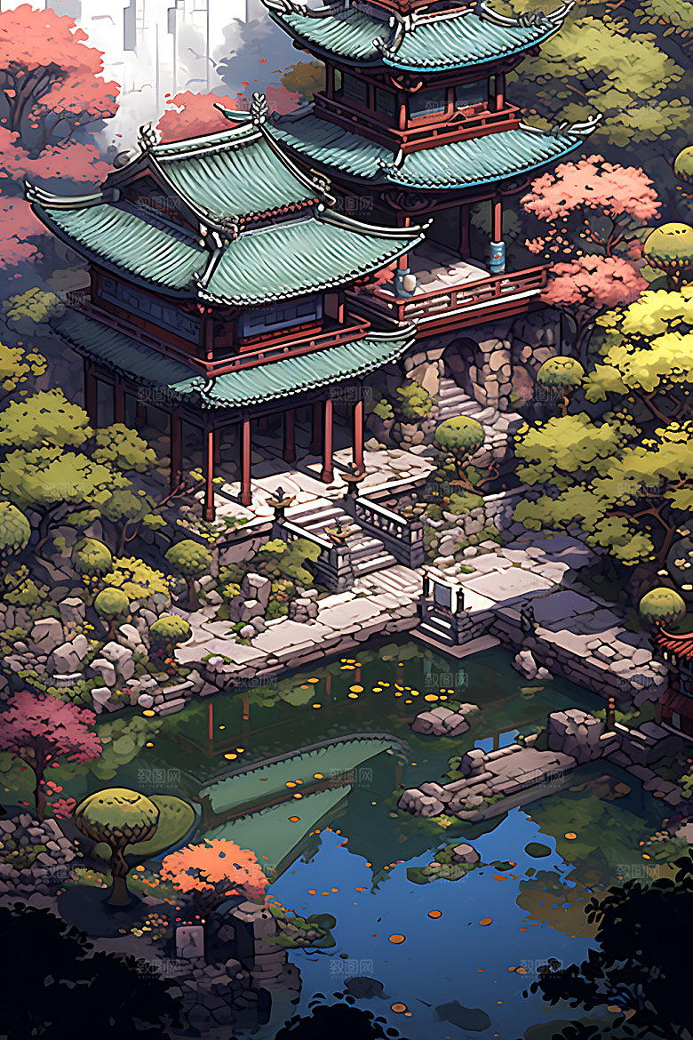 古代庭院古建筑四合院游戏场景