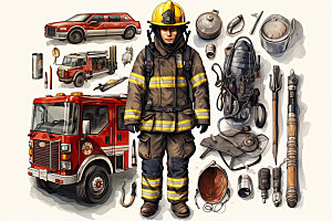 消防救援防护设备人物场景矢量插画