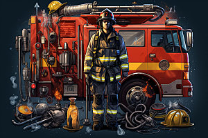 消防救援人物场景防护设备矢量插画