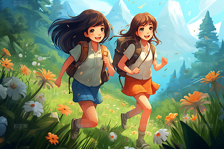 儿童郊游游玩户外插画