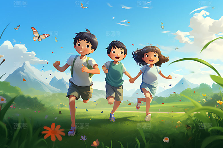 儿童郊游活动野外插画