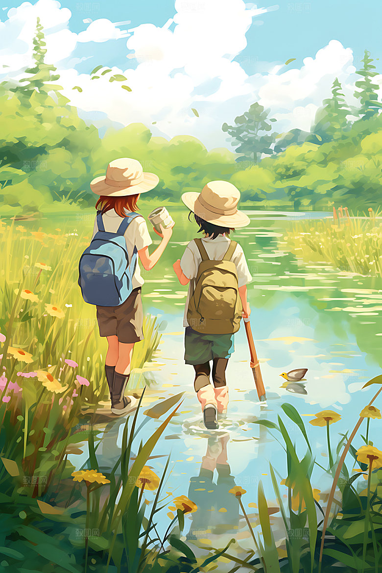 儿童郊游卡通露营插画