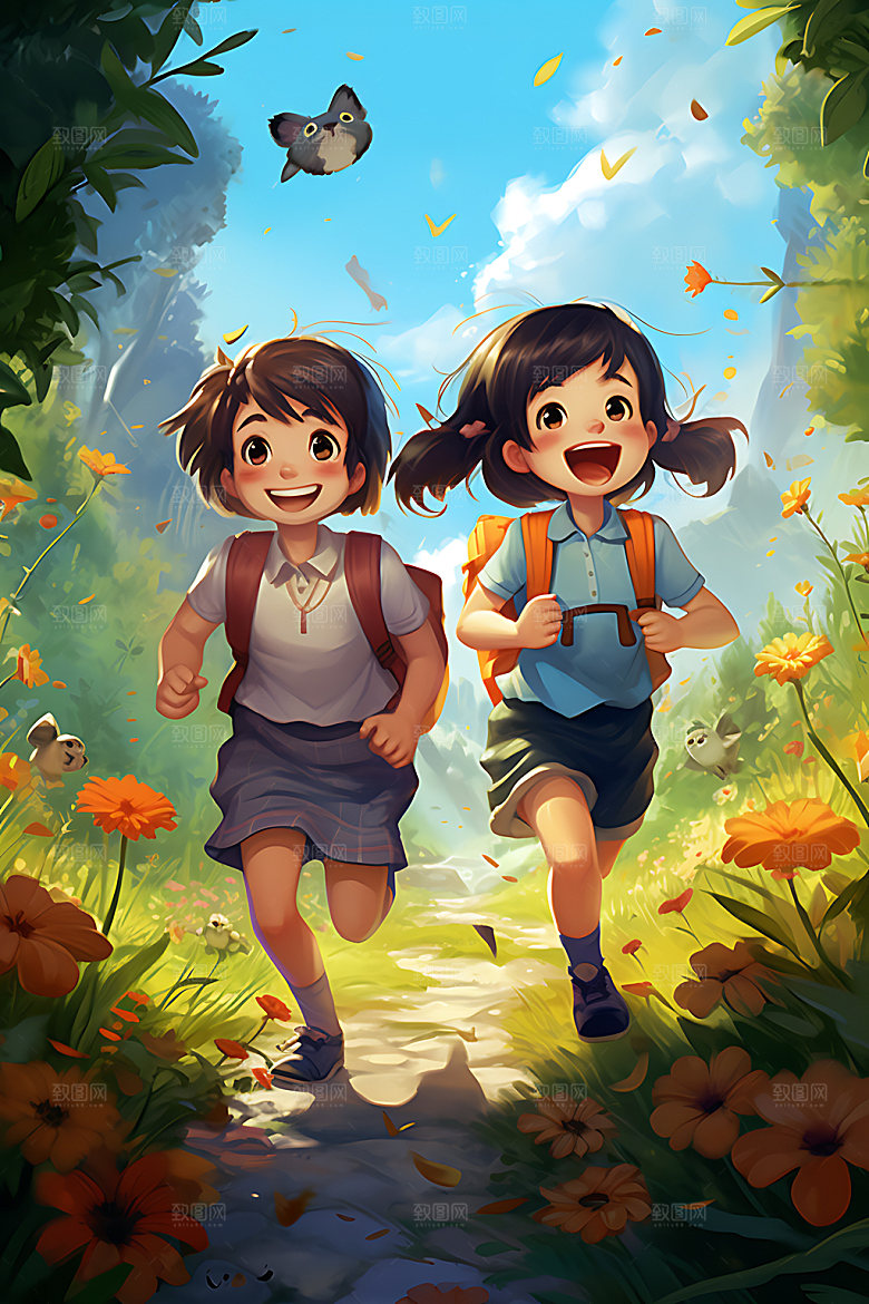 儿童郊游探险游玩插画