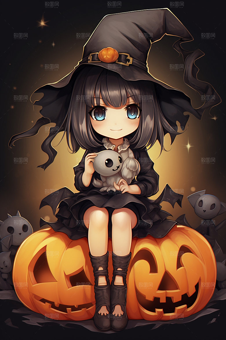 万圣节女孩小魔女女巫插画
