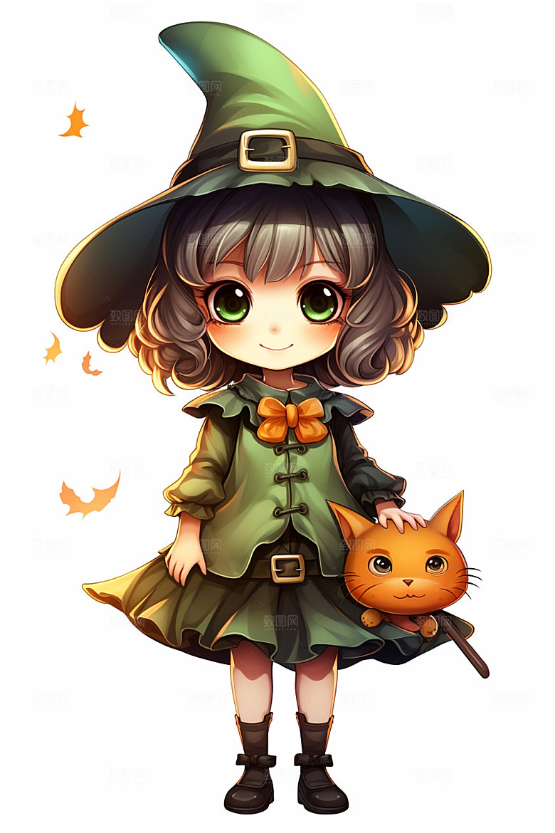 万圣节卡通少女女巫插画