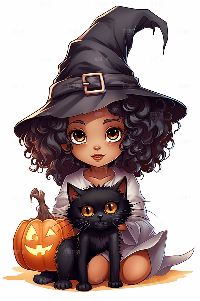 万圣节手绘少女女巫插画
