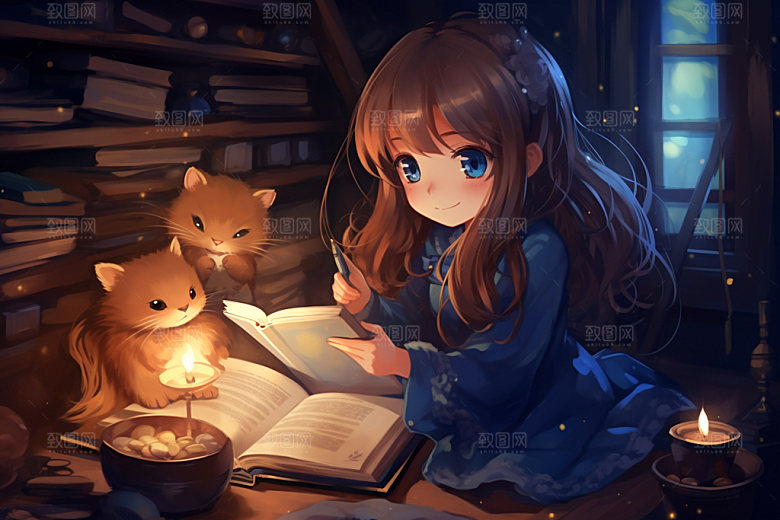 万圣节形象女孩小巫女看书插画