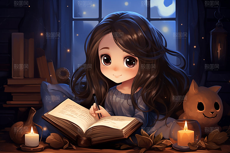 万圣节魔法书小魔女小巫女看书插画
