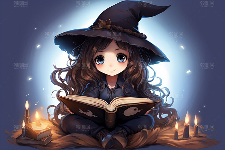 万圣节人物少女小巫女看书插画