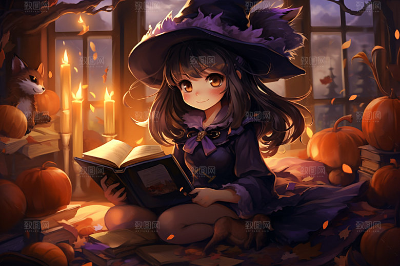 万圣节研究小魔女小巫女看书插画