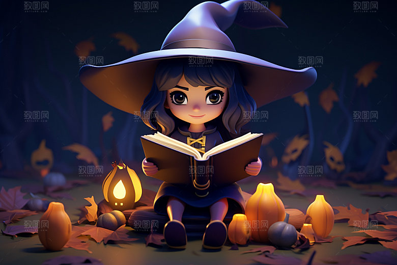 万圣节小魔女研究小巫女看书插画